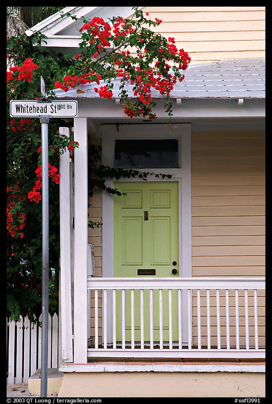 Pastel-colored house, tropical flowers, street sign. Key West, Florida, USA