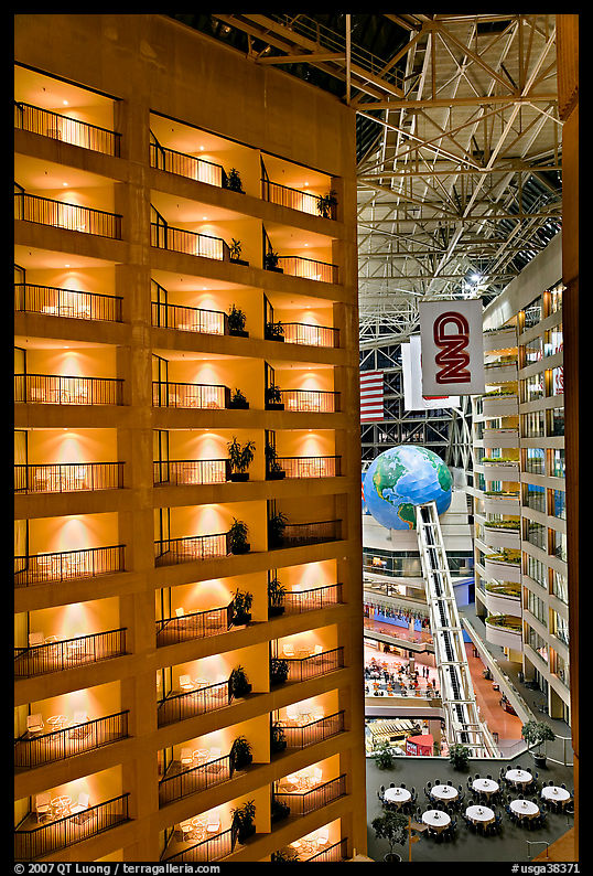 Hotel room balconies inside CNN Center. Atlanta, Georgia, USA