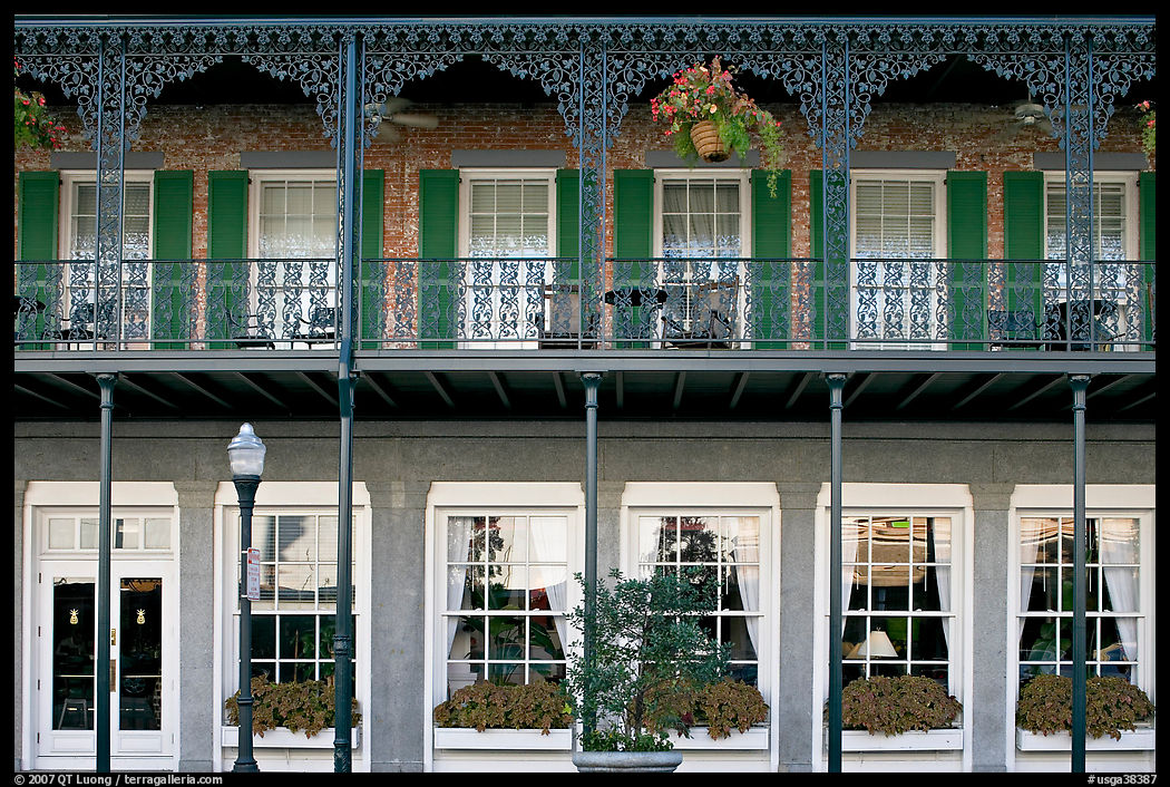 Balcony with wrought-iron decor, Marshall House, Savannah oldest hotel. Savannah, Georgia, USA