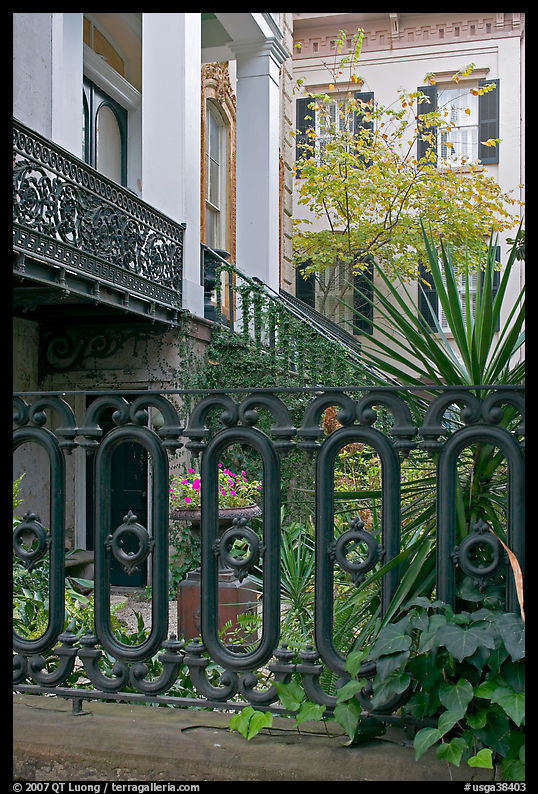 Fence and yard in front of historic house. Savannah, Georgia, USA
