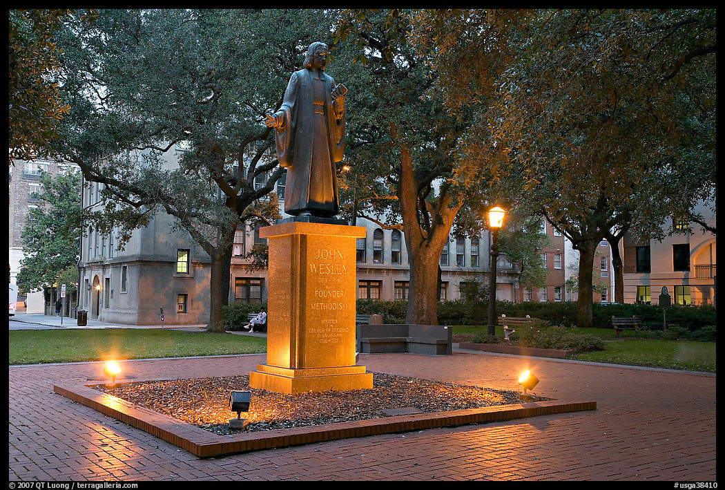 Square with statue of John Wesley at dusk. Savannah, Georgia, USA
