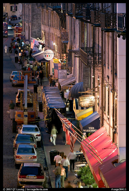 Waterfront street at dusk from above. Savannah, Georgia, USA