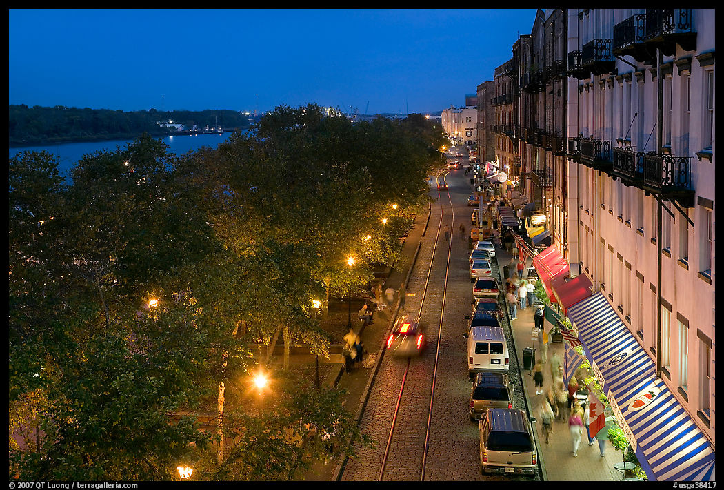 Riverside street at dusk from above. Savannah, Georgia, USA