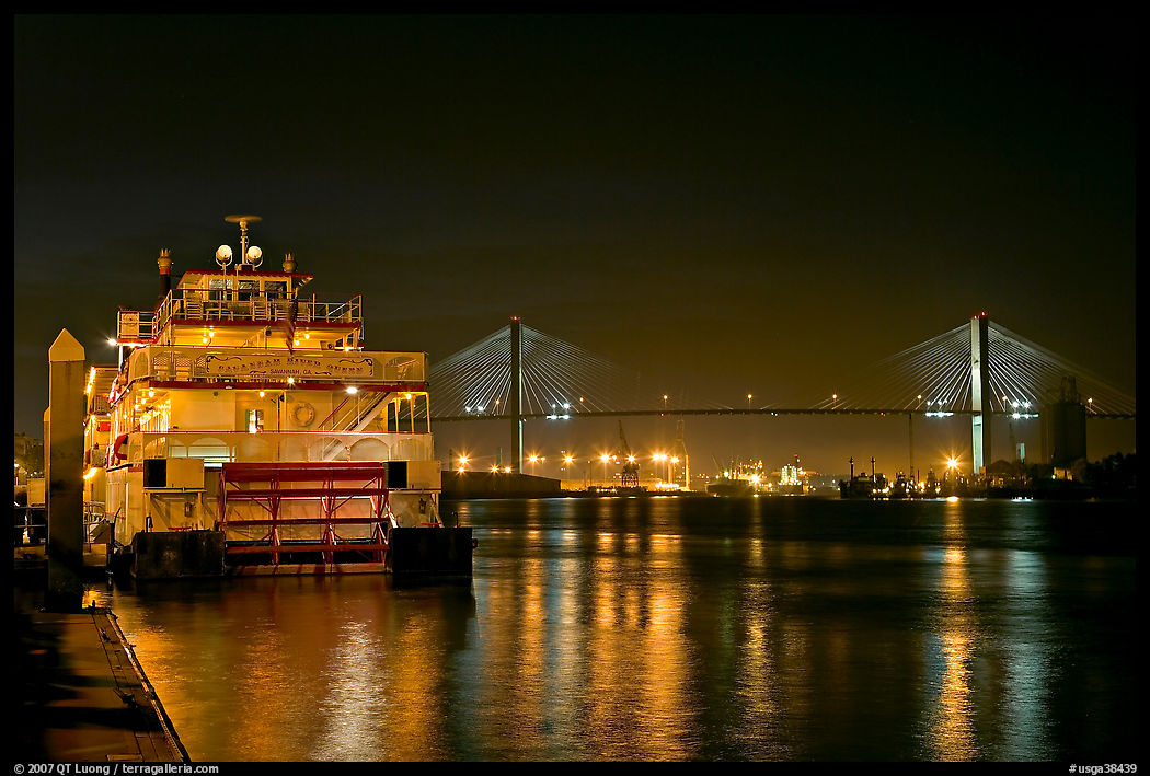 Riverboat, and Savannah Bridge at night. Savannah, Georgia, USA