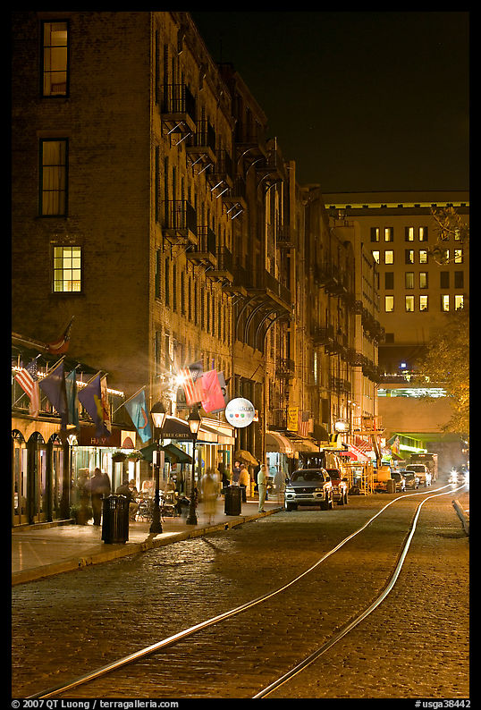 Rails and Cobblestone street by night. Savannah, Georgia, USA