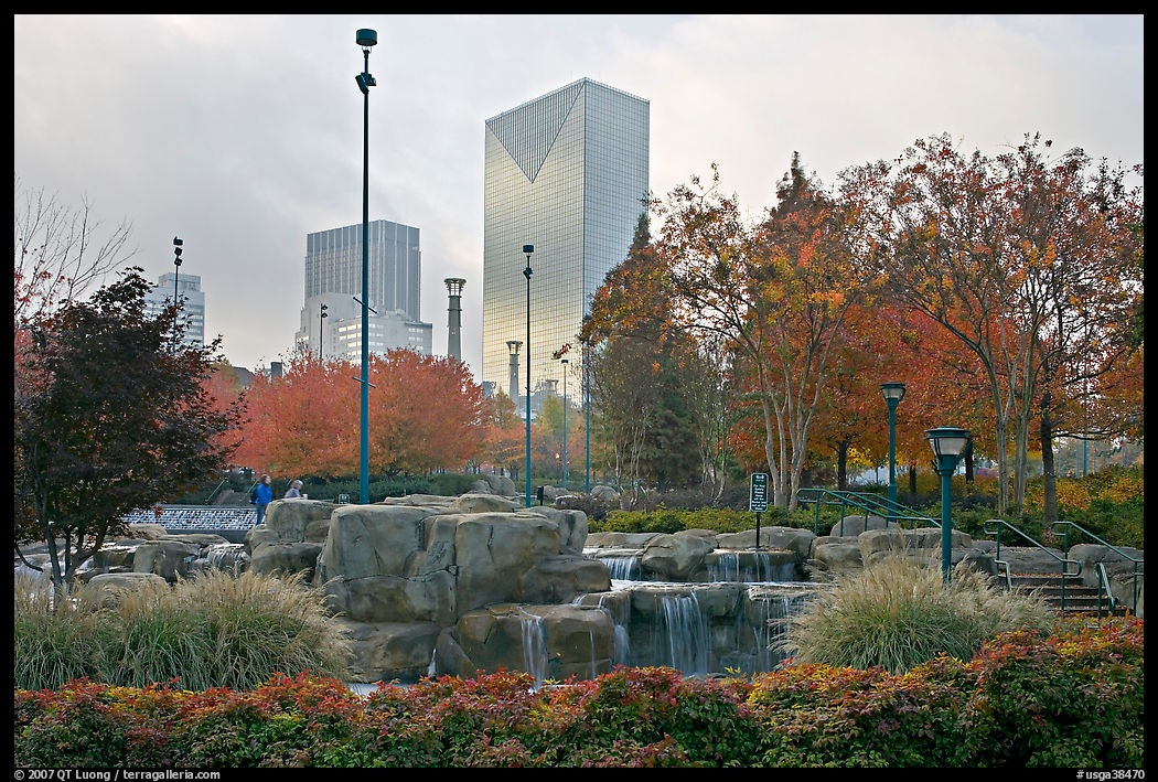 Fall colors and cascades in Centenial Olympic Park with skyline. Atlanta, Georgia, USA