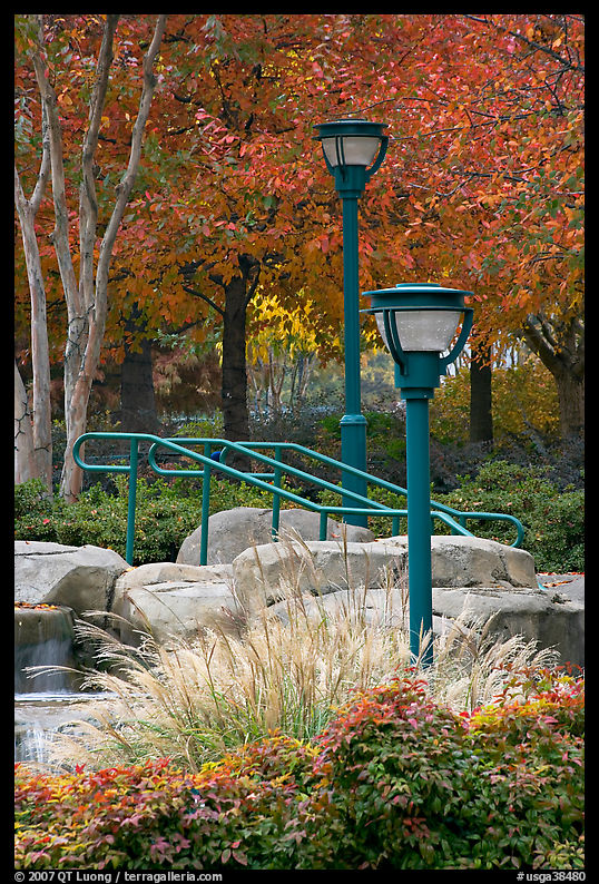 Lamp posts and foliage in autum colors, Centenial Olympic Park. Atlanta, Georgia, USA