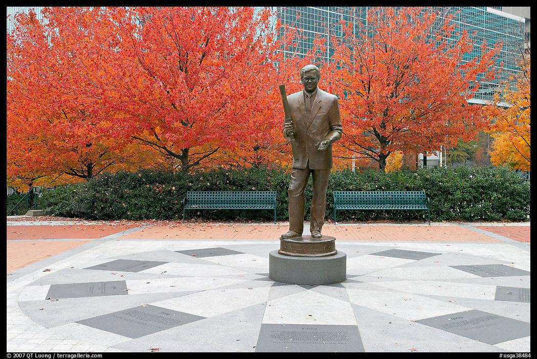 Monument to William Porter Payne and fall colors, Centenial Olympic Park. Atlanta, Georgia, USA