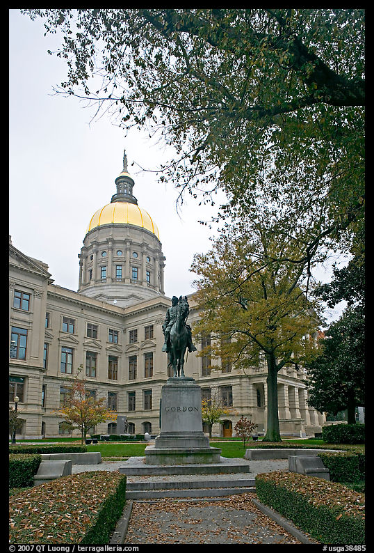 Statue and Georgia Capitol in fall. Atlanta, Georgia, USA