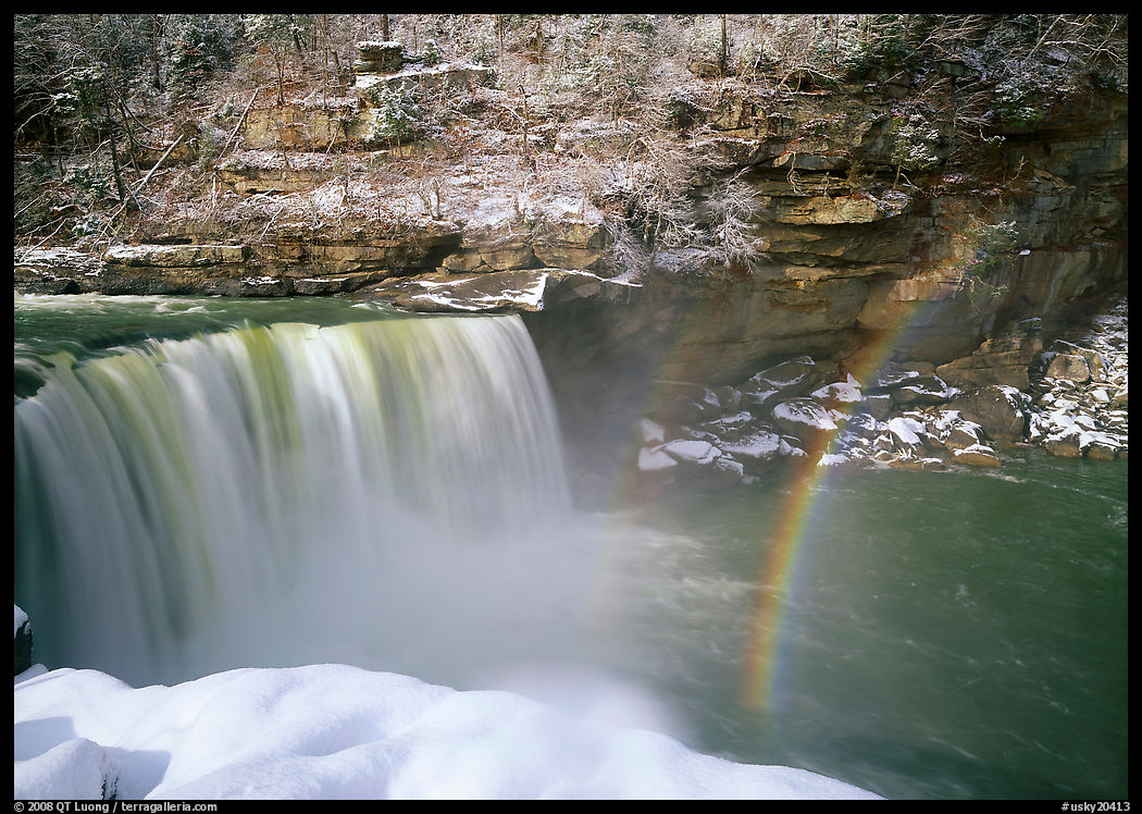 Double rainbow over Cumberland Falls in winter. Kentucky, USA