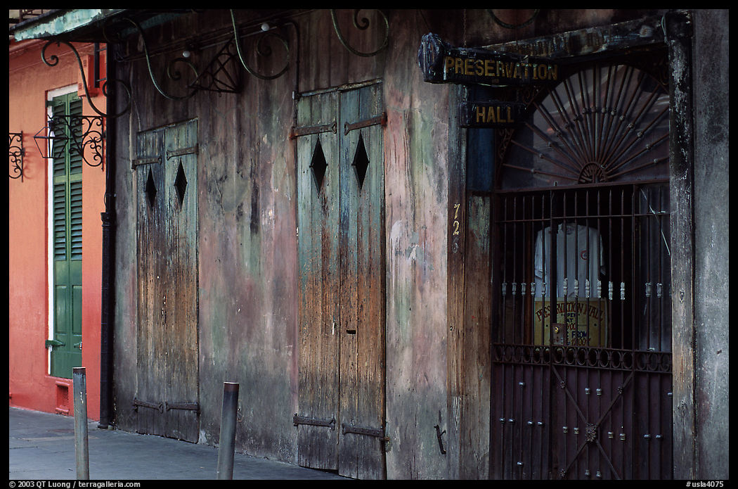The worned out facade of the Preservation Hall, where some of the best classical jazz can be heard, French Quarter. New Orleans, Louisiana, USA