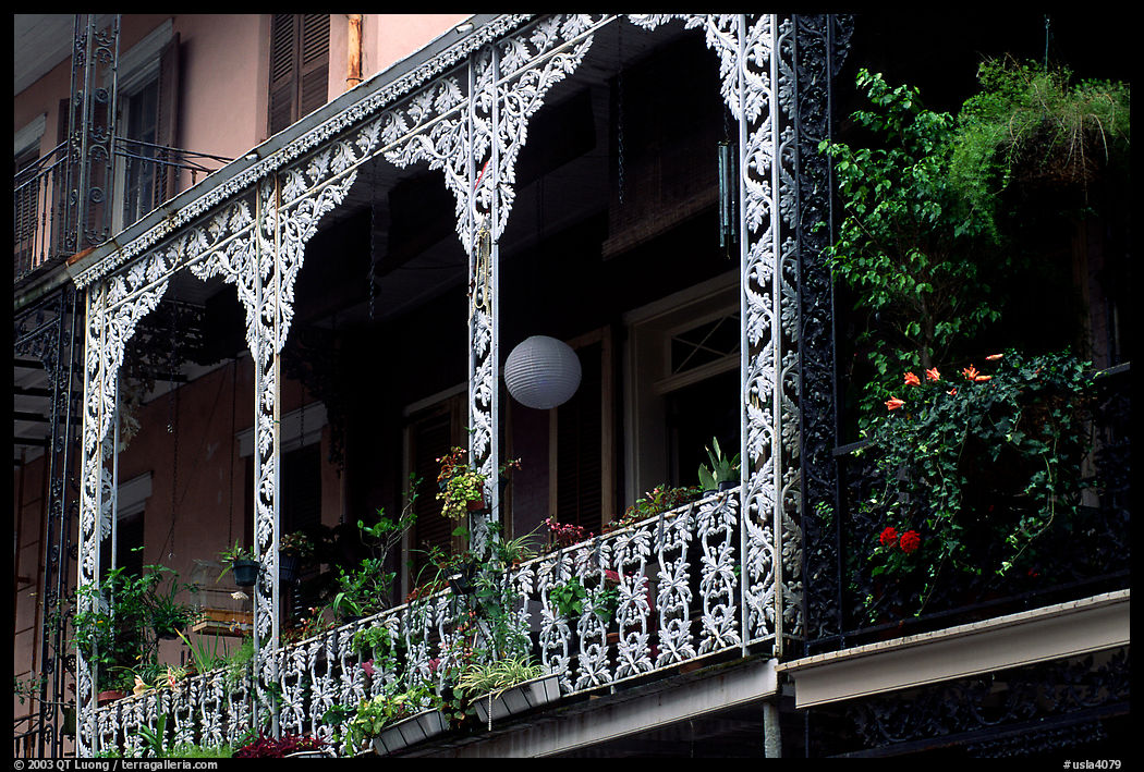 Wrought-iron laced balconies, French Quarter. New Orleans, Louisiana, USA