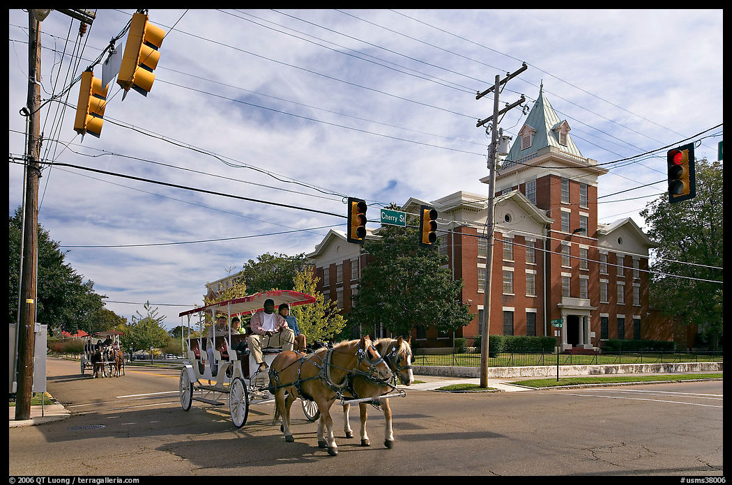 Horse carriage at street intersection. Vicksburg, Mississippi, USA