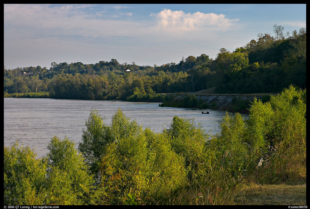 Banks of the Mississippi River with small boat. Natchez, Mississippi, USA