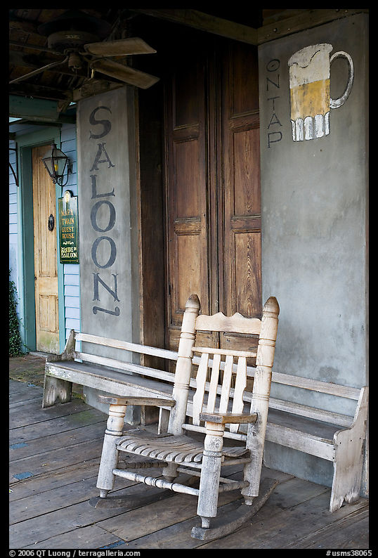 Rocking chair on saloon porch, Natchez under-the-hill. Natchez, Mississippi, USA