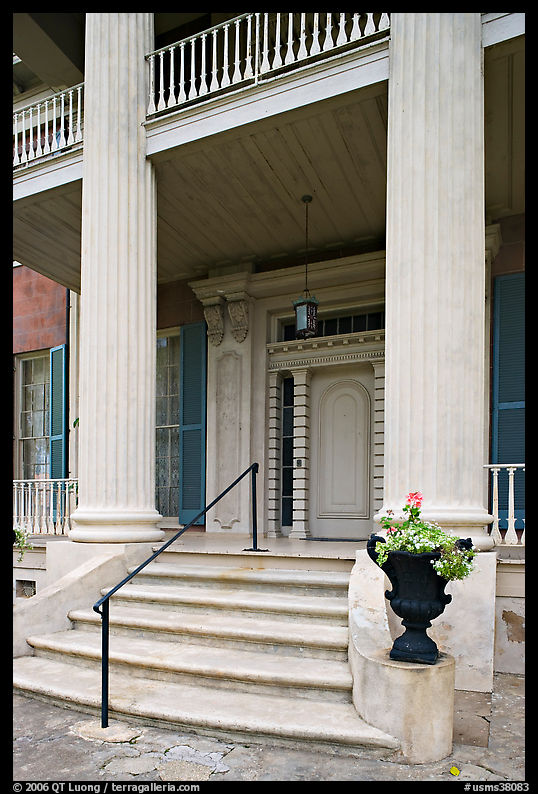 Entrance stairs, door, and columns, Magnolia Hall. Natchez, Mississippi, USA