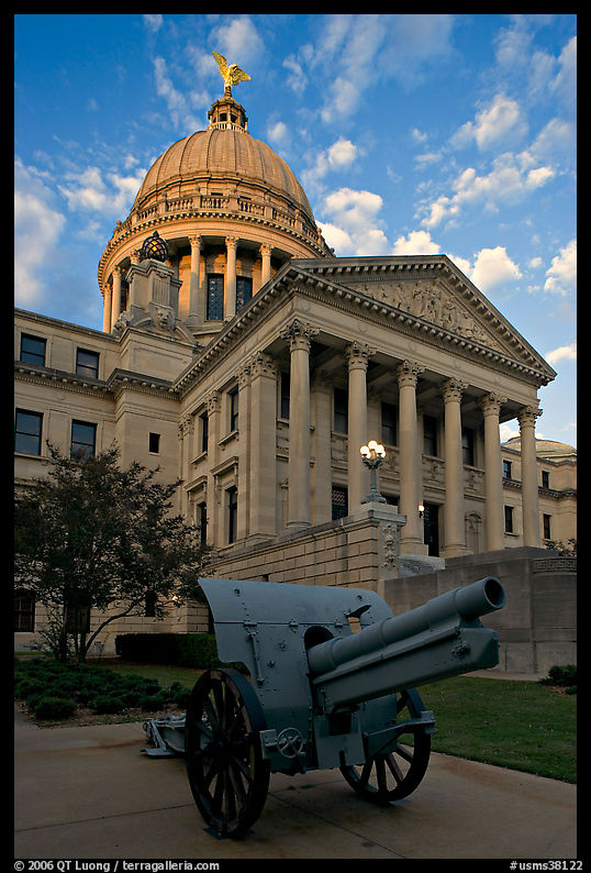 Cannon and Mississippi Capitol at sunset. Jackson, Mississippi, USA
