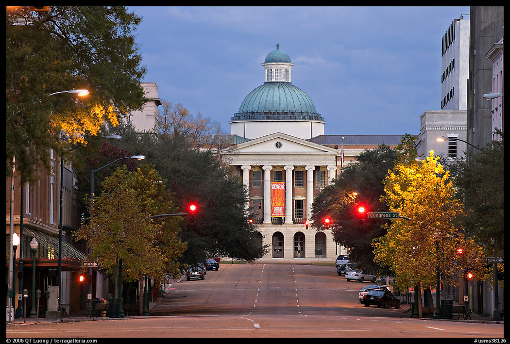 Street leading to Old Capitol at dusk. Jackson, Mississippi, USA