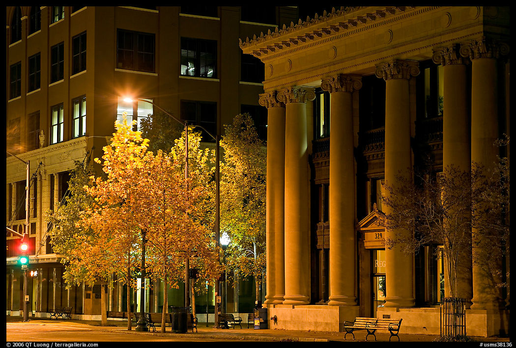Trees in fall colors and greek revival building at night. Jackson, Mississippi, USA
