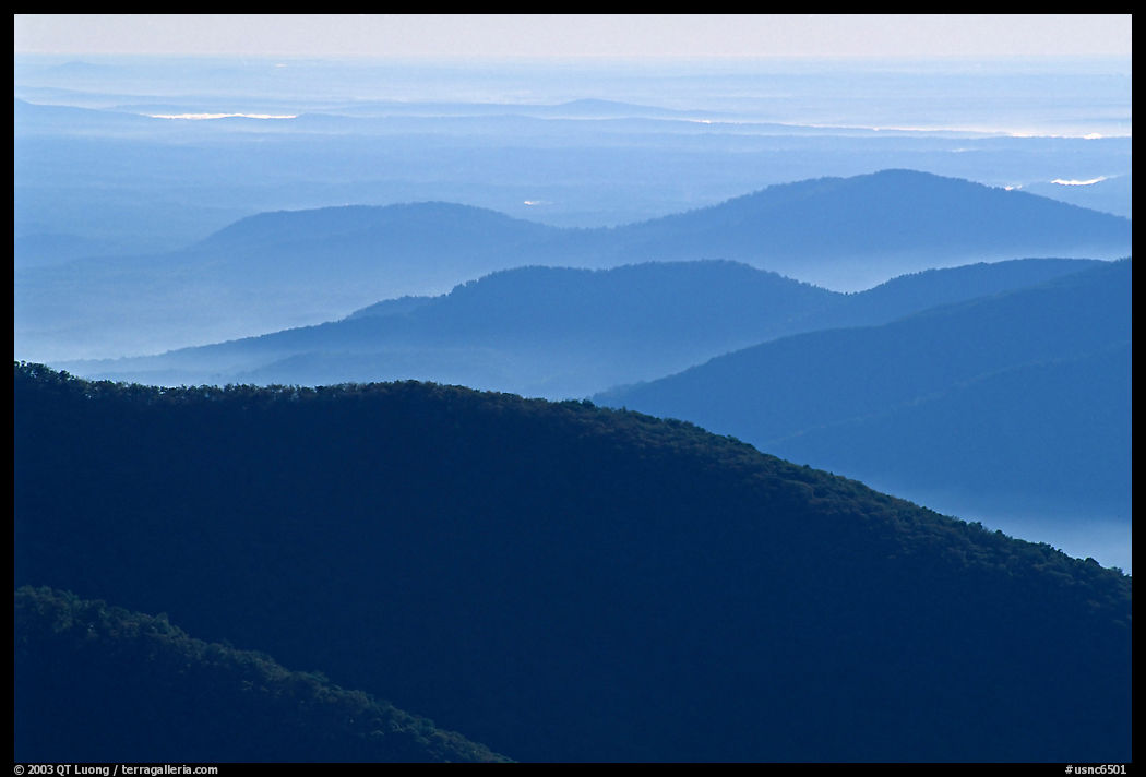 Ridges in haze, Blue Ridge Parkway. Virginia, USA