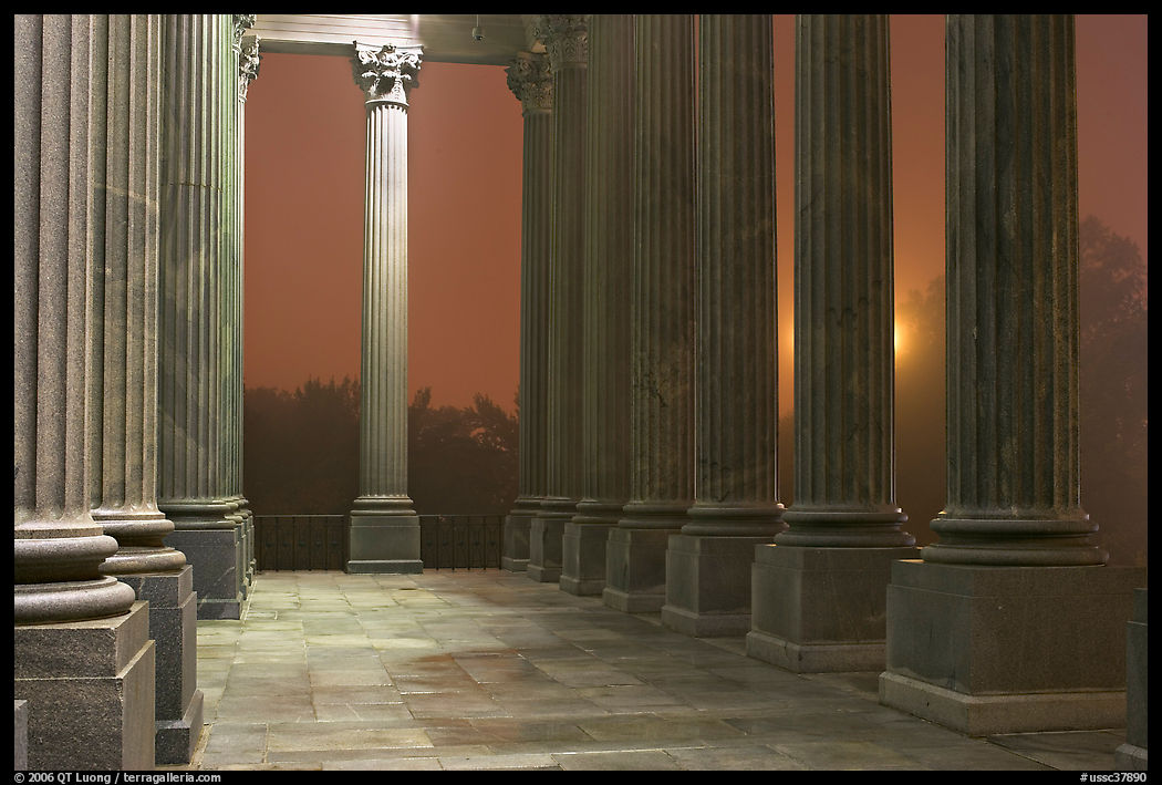 Columns and fog by night, state capitol. Columbia, South Carolina, USA