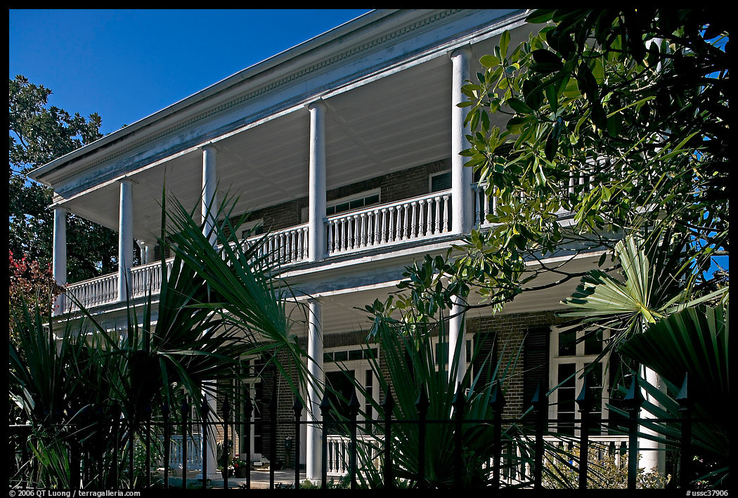Facade of house with balconies and columns. Charleston, South Carolina, USA