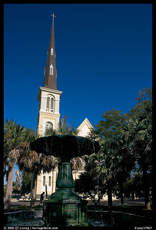 Fountain on Marion Square and church. Charleston, South Carolina, USA