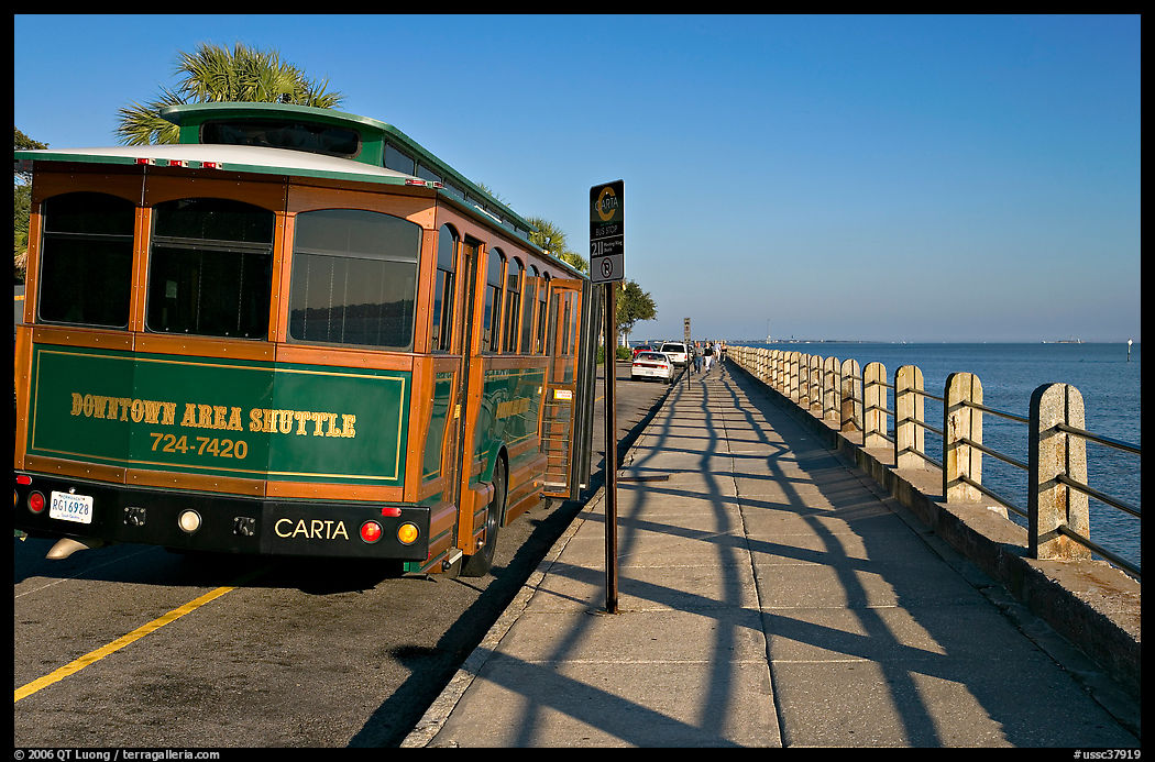Waterfront promenade with shuttle bus. Charleston, South Carolina, USA
