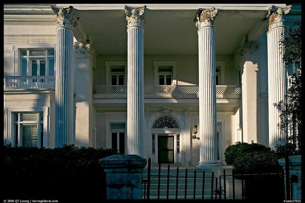 Greek revival facade with weathered  pilars. Charleston, South Carolina, USA