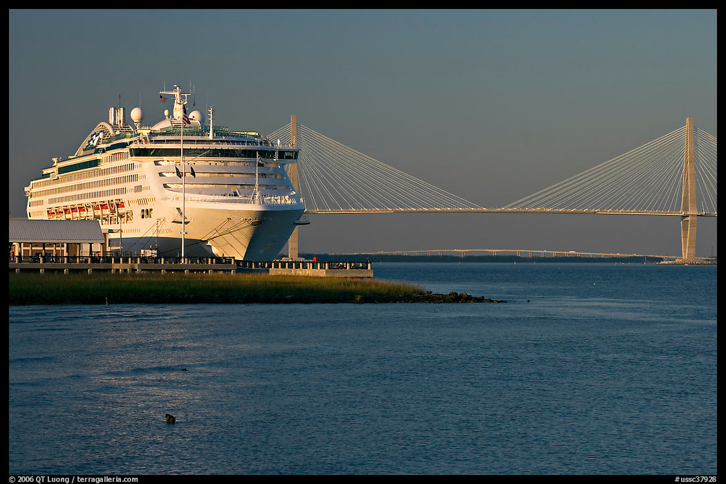 Cruise ship and suspension bridge of Cooper River. Charleston, South Carolina, USA