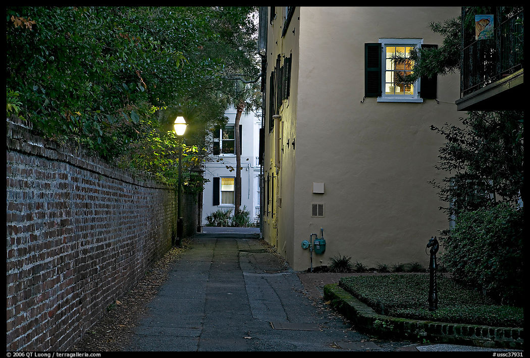Alley at dusk. Charleston, South Carolina, USA