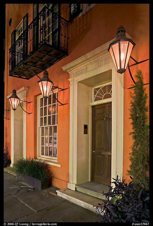 House facade with gas lamps. Charleston, South Carolina, USA