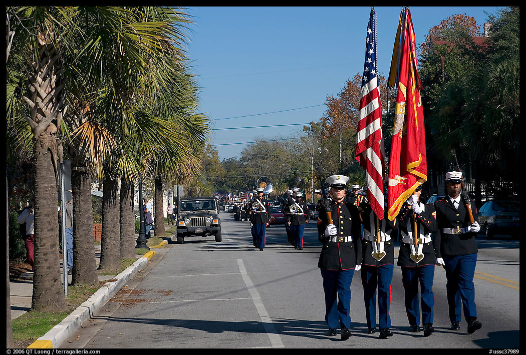 Marines carrying flag during parade. Beaufort, South Carolina, USA