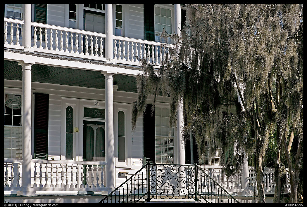 Facade with balconies, columns, and spanish moss. Beaufort, South Carolina, USA