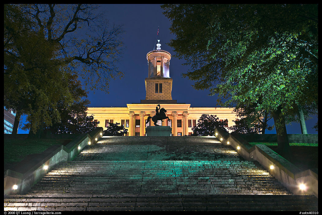 Stairs leading up to Tennessee Capitol by night. Nashville, Tennessee, USA