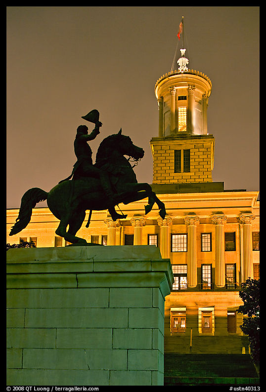 Jackson statue and Tennessee State Capitol by night. Nashville, Tennessee, USA