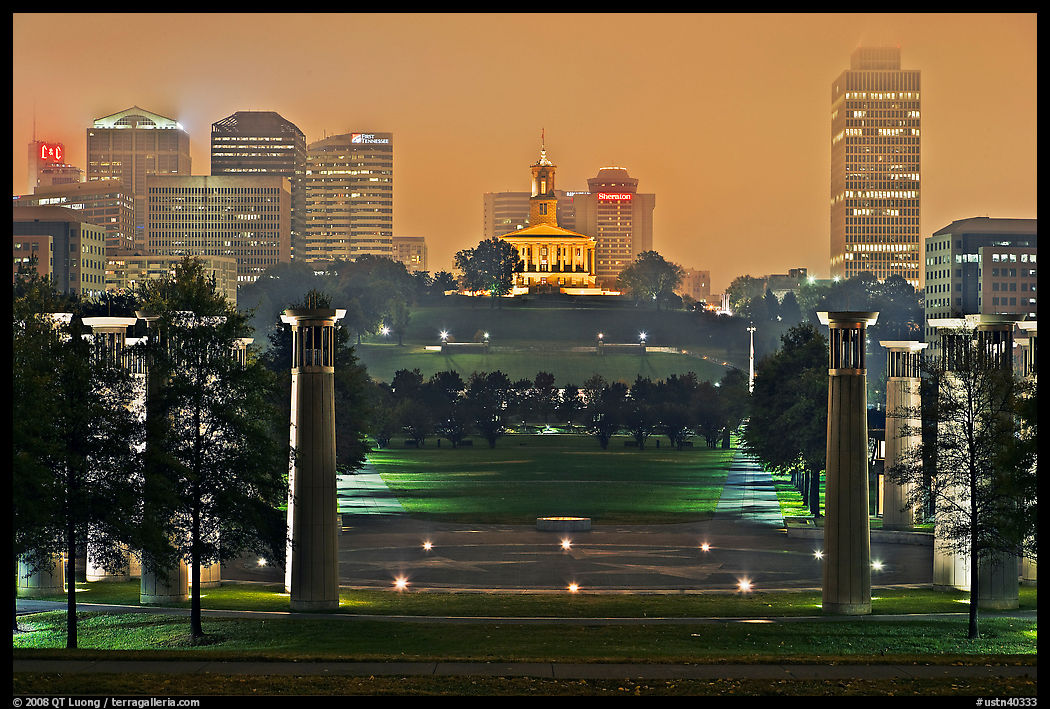 Night skyline with State Capitol from Bicentenial State Park. Nashville, Tennessee, USA