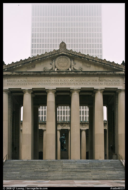 War memorial and high rise tower in fog. Nashville, Tennessee, USA
