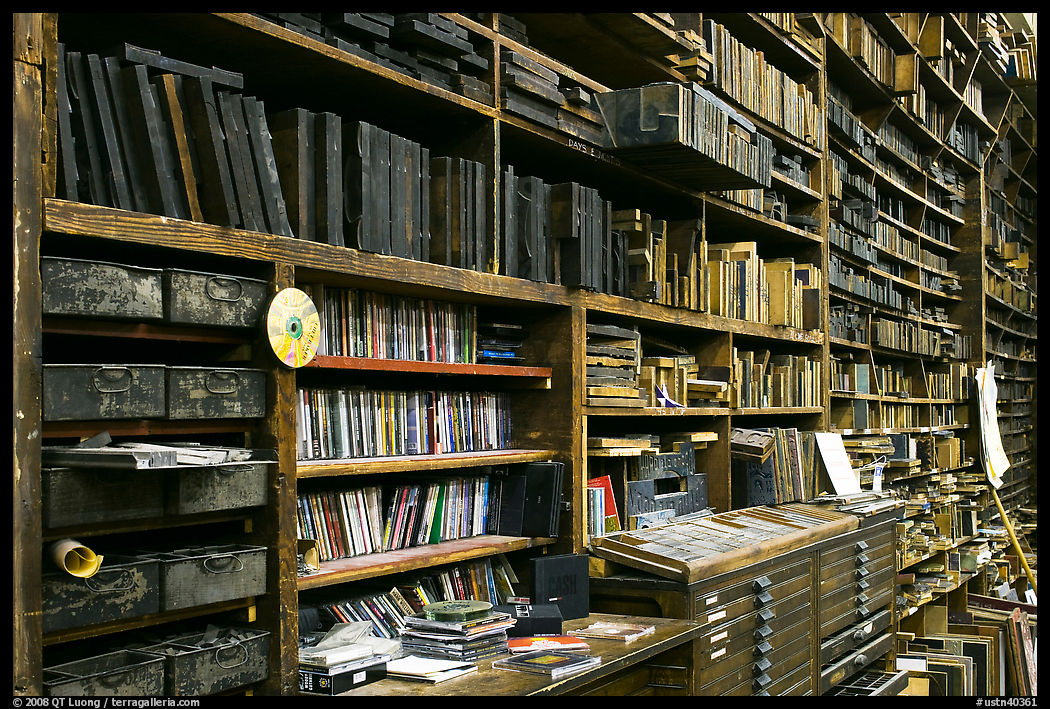 Bookshelves, Hatch Show print. Nashville, Tennessee, USA