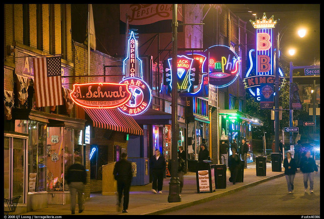 Beale Street sidewalk by night. Memphis, Tennessee, USA
