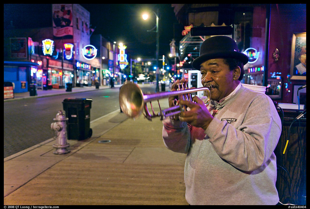 Jazz Street Musician on Beale Street by night. Memphis, Tennessee, USA