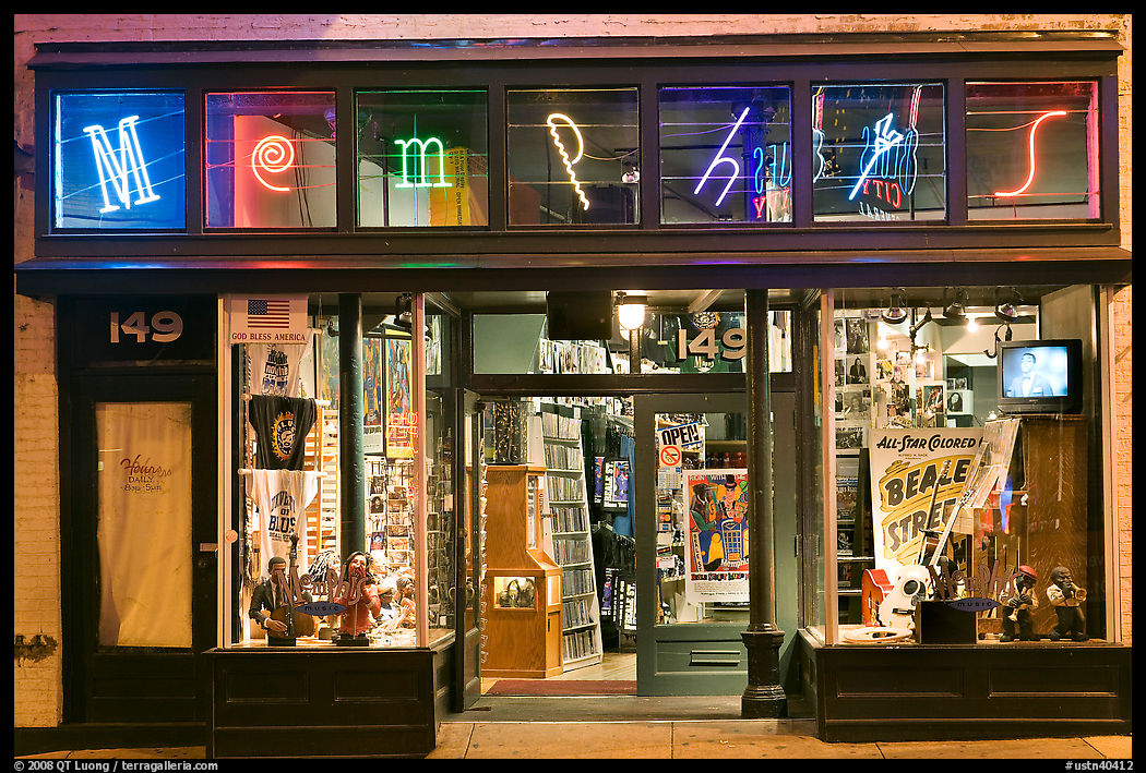 Memphis store on Beale Street by night. Memphis, Tennessee, USA