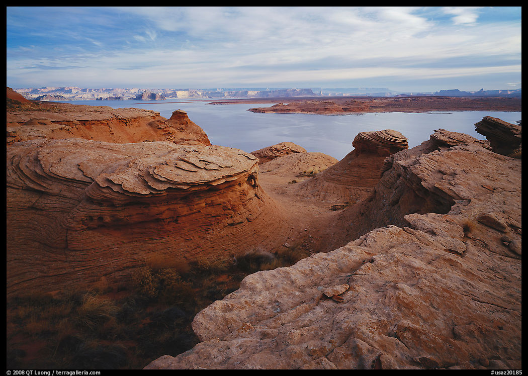 Sandstone swirls and Lake Powell. Arizona, USA