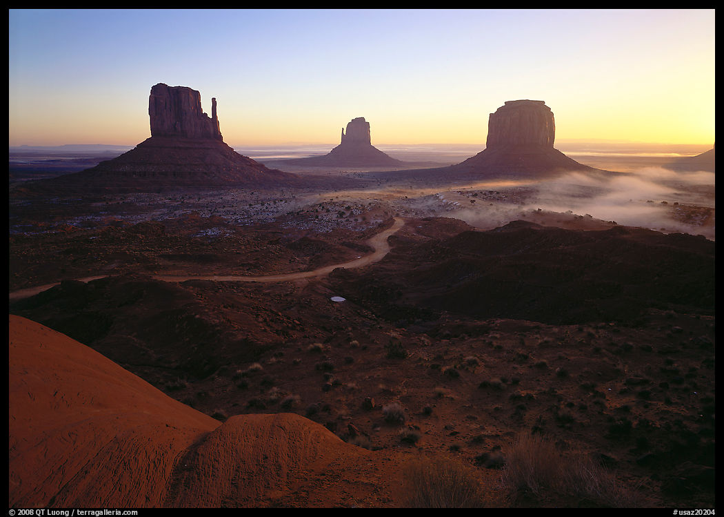 Mittens, sunrise. Monument Valley Tribal Park, Navajo Nation, Arizona and Utah, USA