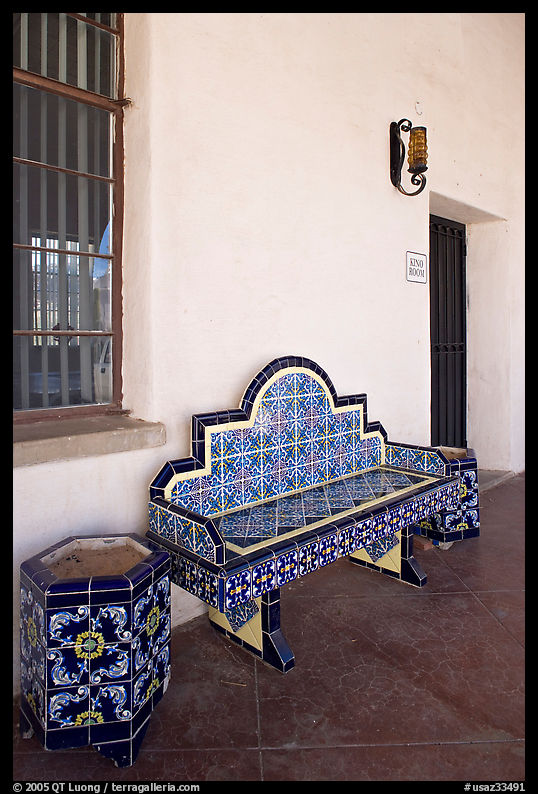 Ceramic bench in the courtyard, San Xavier del Bac Mission. Tucson, Arizona, USA