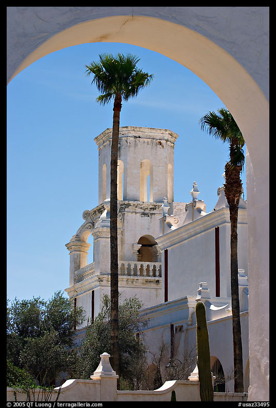 Arch and North Court, San Xavier del Bac Mission (the White Dove of the Desert). Tucson, Arizona, USA