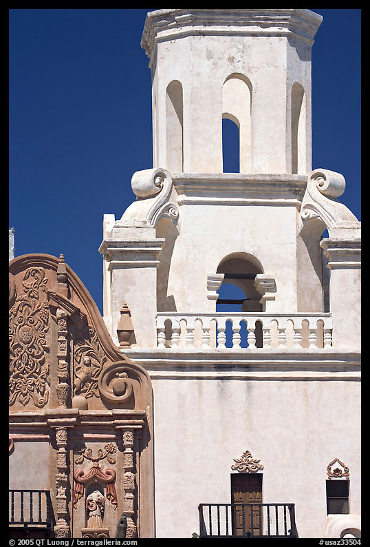 Facade detail and tower, San Xavier del Bac Mission. Tucson, Arizona, USA