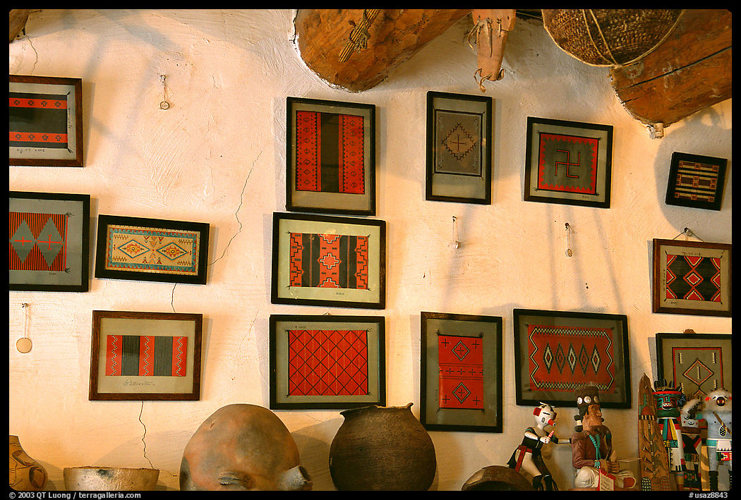 Framed paintings of Navajo rug designs commissioned by Hubbell. Hubbell Trading Post National Historical Site, Arizona, USA