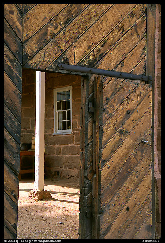 Wooden door of Winsor Castle. Pipe Spring National Monument, Arizona, USA
