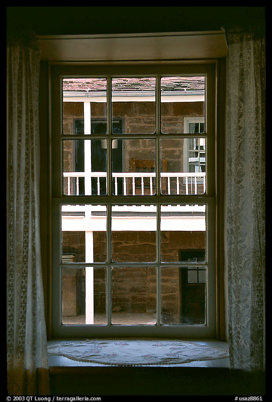Looking out a window of Winsor Castle into the courtyard. Pipe Spring National Monument, Arizona, USA